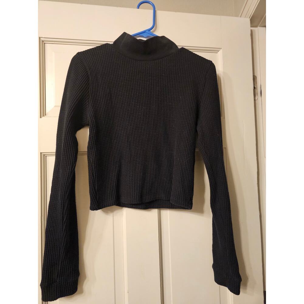 Aerie Black Waffle Knit Mockneck Longsleeve Crop Top - Picture 2 of 4